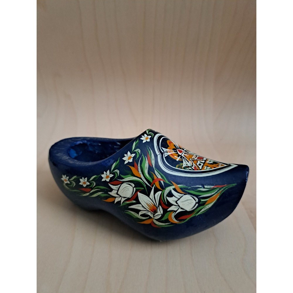 Vintage Hand Painted Wooden Dutch Clog Souvenir Navy Blue Windmill Floral Design